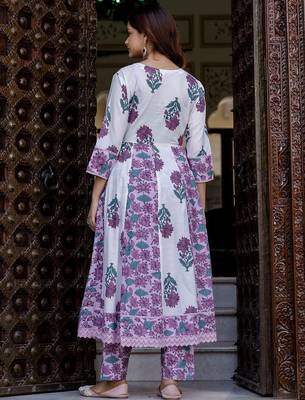 Floral Printed Empire Pure Cotton Anarkali Kurta With Trouser & Dupatta 6