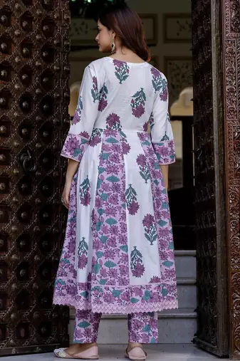 Floral Printed Empire Pure Cotton Anarkali Kurta With Trouser & Dupatta