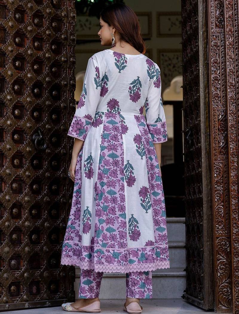 Floral Printed Empire Pure Cotton Anarkali Kurta With Trouser & Dupatta