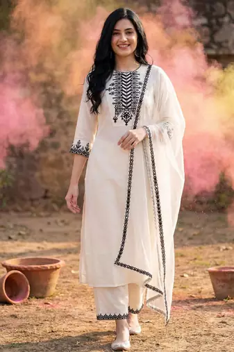 Women White Floral Yoke Design Regular Mirror Work Kurta with Palazzos & With Dupatta