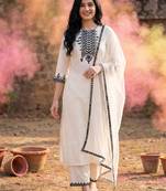 Women White Floral Yoke Design Regular Mirror Work Kurta with Palazzos & With Dupatta
