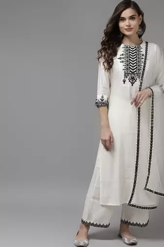 Women White Floral Yoke Design Regular Mirror Work Kurta with Palazzos & With Dupatta