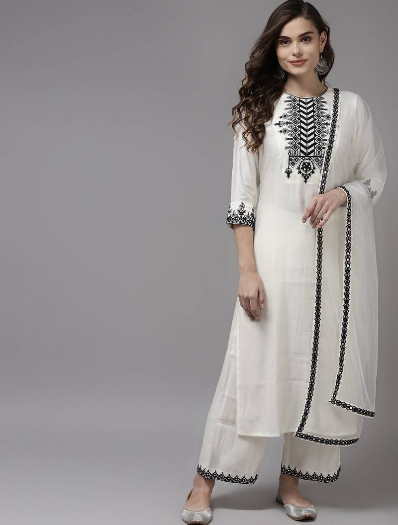 Women White Floral Yoke Design Regular Mirror Work Kurta with Palazzos & With Dupatta