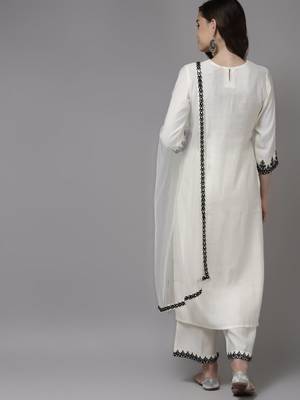 Women White Floral Yoke Design Regular Mirror Work Kurta with Palazzos & With Dupatta 7
