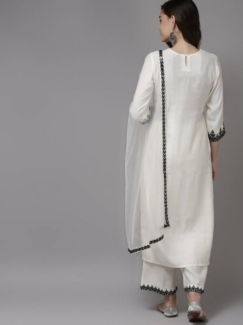 Women White Floral Yoke Design Regular Mirror Work Kurta with Palazzos & With Dupatta