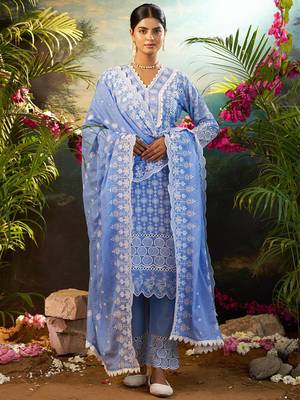 Women Ethnic Motifs Embroidered Cotton Kurta with Trousers & Dupatta 2