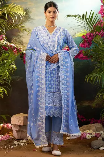Women Ethnic Motifs Embroidered Cotton Kurta with Trousers & Dupatta