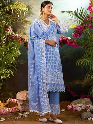 Women Ethnic Motifs Embroidered Cotton Kurta with Trousers & Dupatta 4