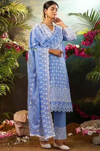 Women Ethnic Motifs Embroidered Cotton Kurta with Trousers & Dupatta