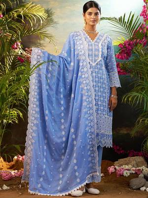 Women Ethnic Motifs Embroidered Cotton Kurta with Trousers & Dupatta 5