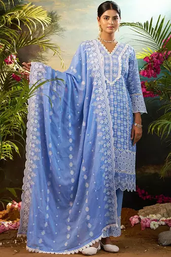 Women Ethnic Motifs Embroidered Cotton Kurta with Trousers & Dupatta