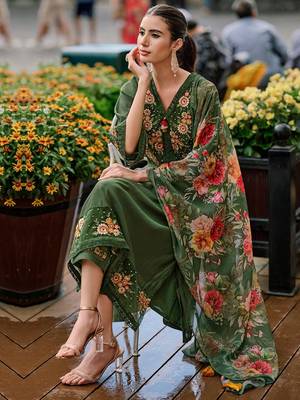 Floral Yoke Design Thread Work A-Line Kurta With Trousers & Dupatta 4