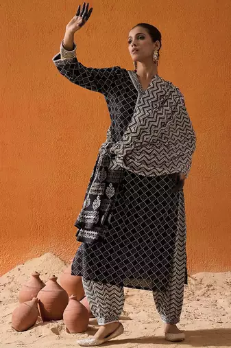 Black Geometric Printed V-Neck Pure Cotton Straight Kurta with Salwar & Dupatta