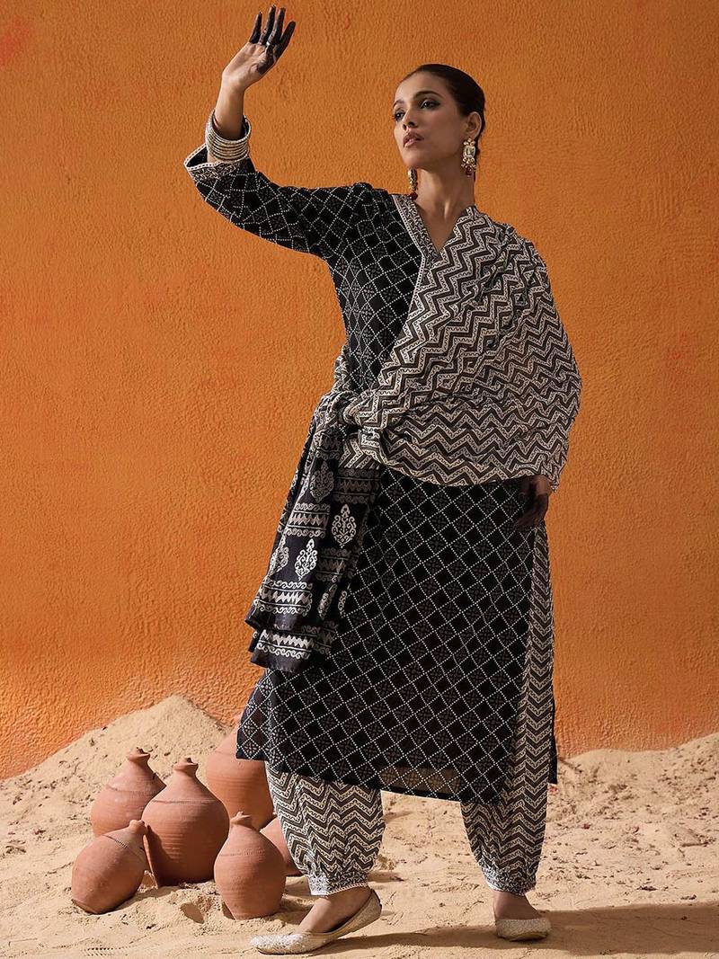 Black Geometric Printed V-Neck Pure Cotton Straight Kurta with Salwar & Dupatta