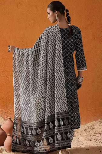 Black Geometric Printed V-Neck Pure Cotton Straight Kurta with Salwar & Dupatta
