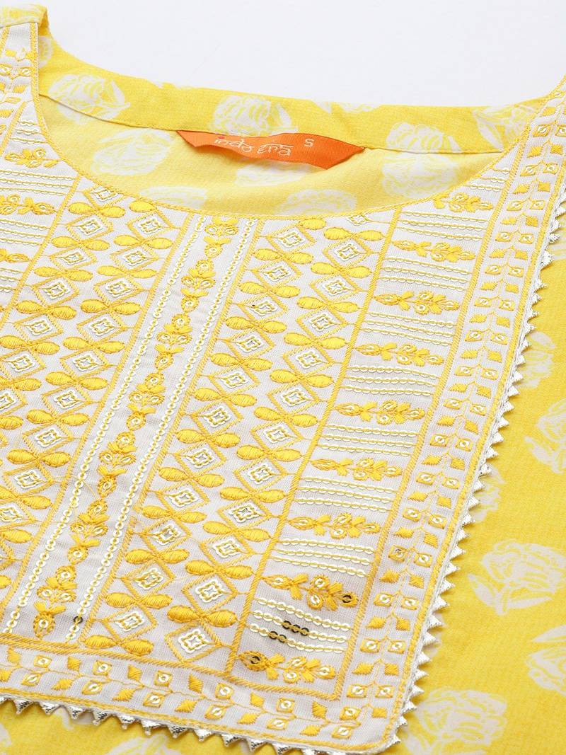 Floral Printed Regular Sequinned Pure Cotton Kurta With Trousers & Dupatta