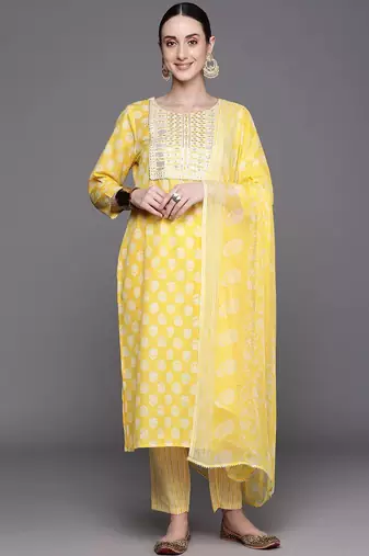 Floral Printed Regular Sequinned Pure Cotton Kurta With Trousers & Dupatta