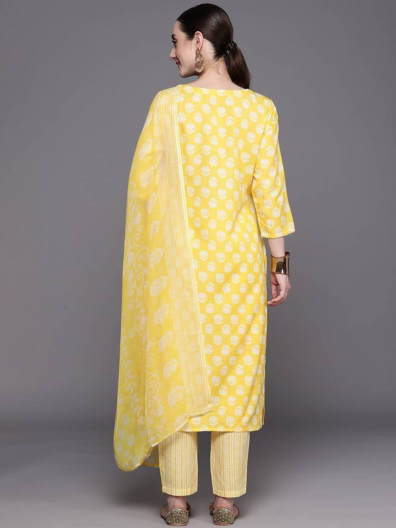 Floral Printed Regular Sequinned Pure Cotton Kurta With Trousers & Dupatta