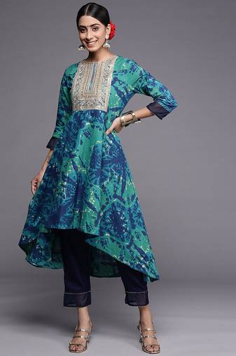 Turquoise Blue Tie & Dye Dyed Zari Sequined High Low A-Line Kurta with Trousers