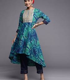 Turquoise Blue Tie & Dye Dyed Zari Sequined High Low A-Line Kurta with Trousers