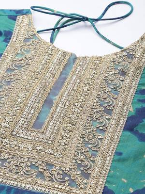 Turquoise Blue Tie & Dye Dyed Zari Sequined High Low A-Line Kurta with Trousers 2