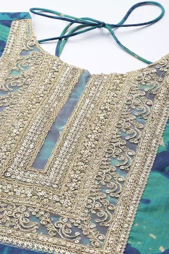 Turquoise Blue Tie & Dye Dyed Zari Sequined High Low A-Line Kurta with Trousers