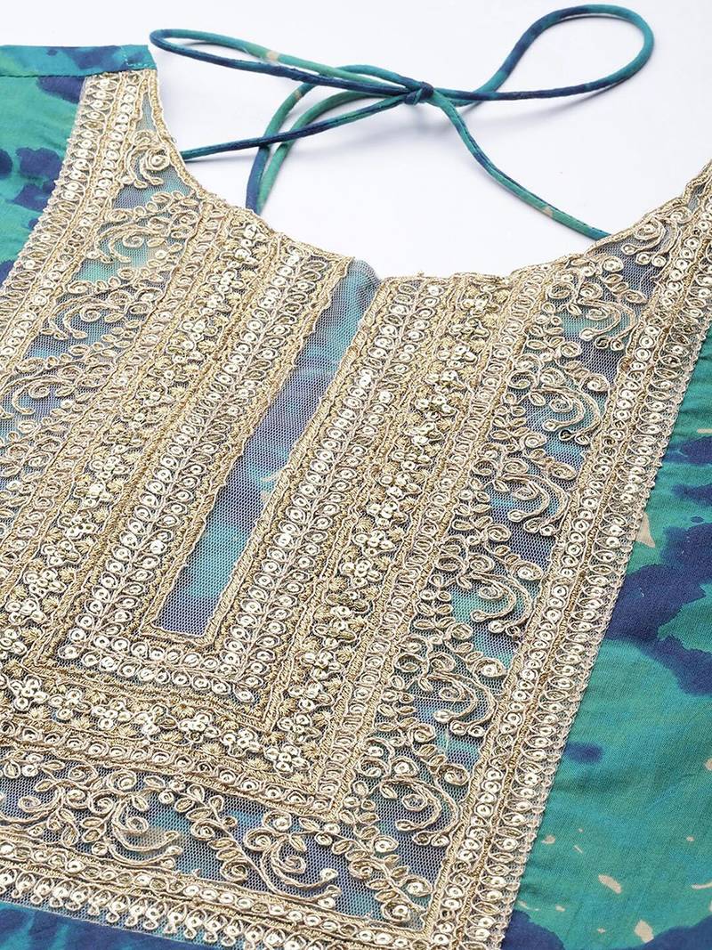 Turquoise Blue Tie & Dye Dyed Zari Sequined High Low A-Line Kurta with Trousers