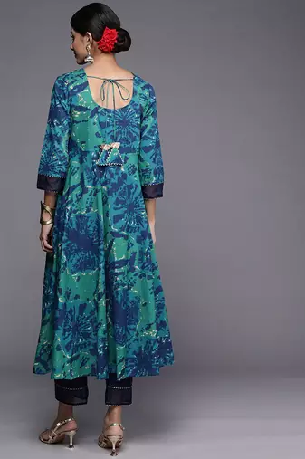 Turquoise Blue Tie & Dye Dyed Zari Sequined High Low A-Line Kurta with Trousers