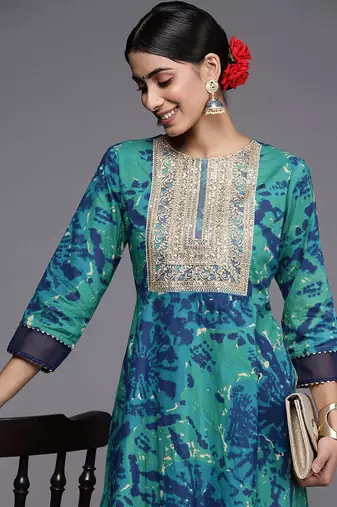Turquoise Blue Tie & Dye Dyed Zari Sequined High Low A-Line Kurta with Trousers