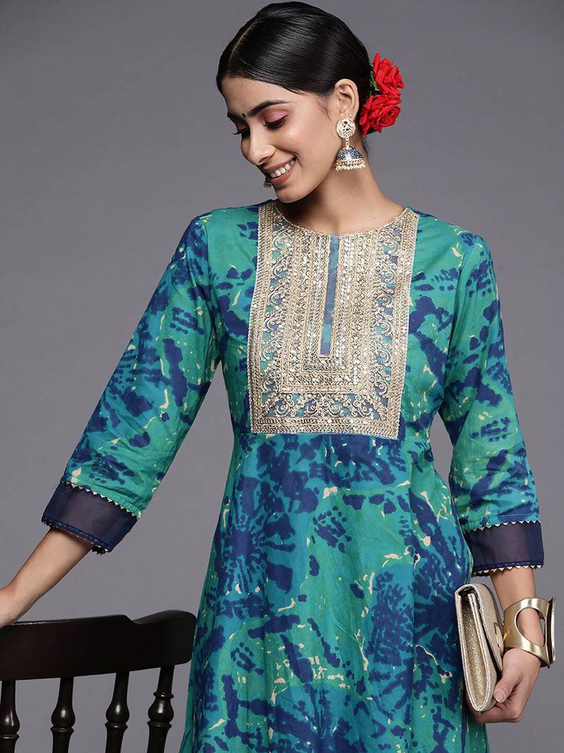 Turquoise Blue Tie & Dye Dyed Zari Sequined High Low A-Line Kurta with Trousers