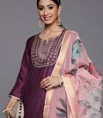 Women Purple Yoke Design Kurta with Trousers & Dupatta