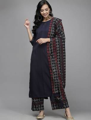 Women Navy Blue Kurta with Palazzos & With Dupatta 1
