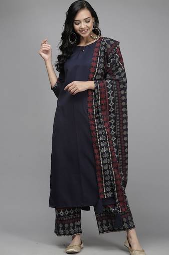 Women Navy Blue Kurta with Palazzos & With Dupatta