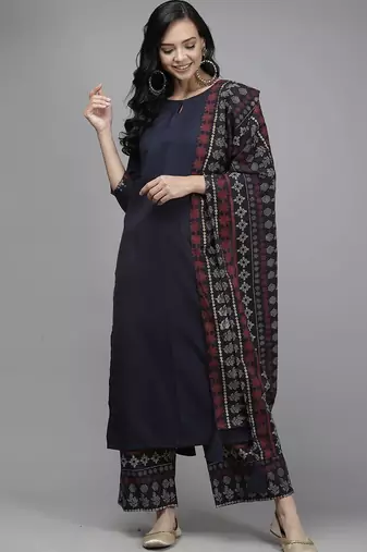 Women Navy Blue Kurta with Palazzos & With Dupatta