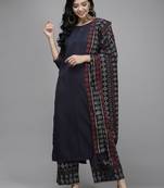 Women Navy Blue Kurta with Palazzos & With Dupatta