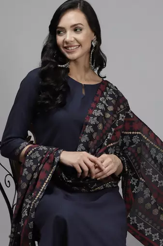 Women Navy Blue Kurta with Palazzos & With Dupatta
