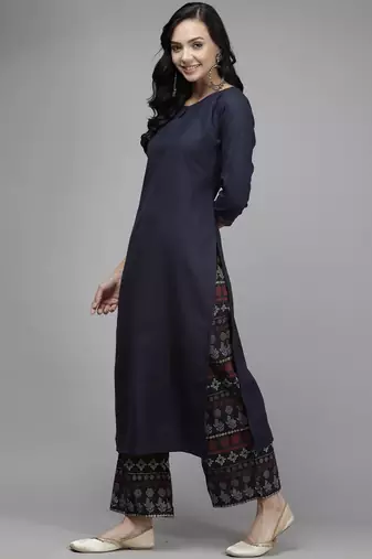 Women Navy Blue Kurta with Palazzos & With Dupatta
