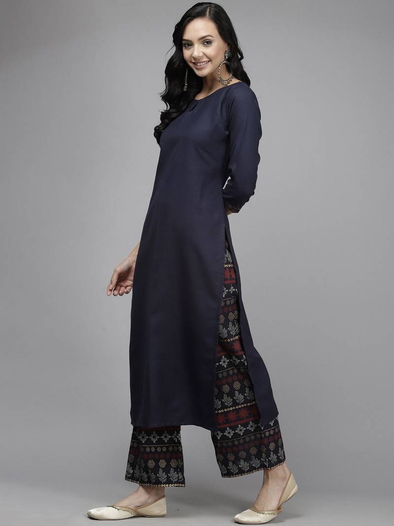 Women Navy Blue Kurta with Palazzos & With Dupatta