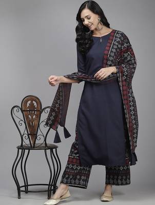 Women Navy Blue Kurta with Palazzos & With Dupatta 5