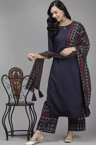 Women Navy Blue Kurta with Palazzos & With Dupatta