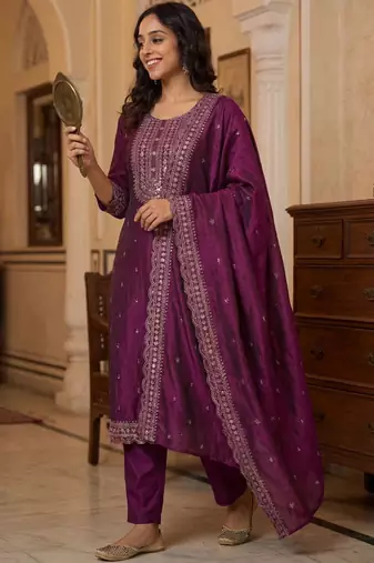 Women Ethnic Motifs Embroidered Regular Thread Work Kurta with Trousers & With Dupatta