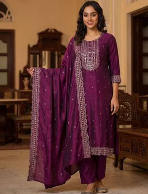 Women Ethnic Motifs Embroidered Regular Thread Work Kurta with Trousers & With Dupatta 5