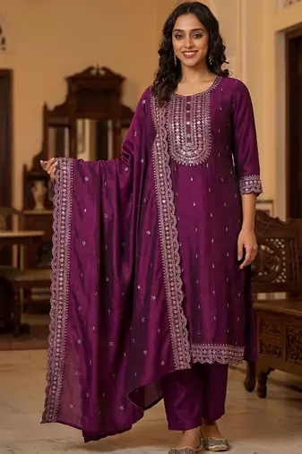 Women Ethnic Motifs Embroidered Regular Thread Work Kurta with Trousers & With Dupatta