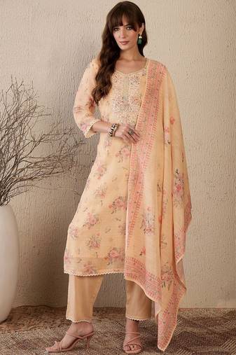 Women Floral Printed Regular Thread Work Linen Kurta with Trousers & With Dupatta