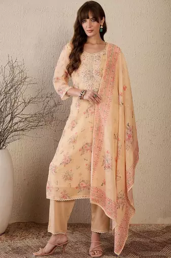 Women Floral Printed Regular Thread Work Linen Kurta with Trousers & With Dupatta