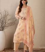 Women Floral Printed Regular Thread Work Linen Kurta with Trousers & With Dupatta