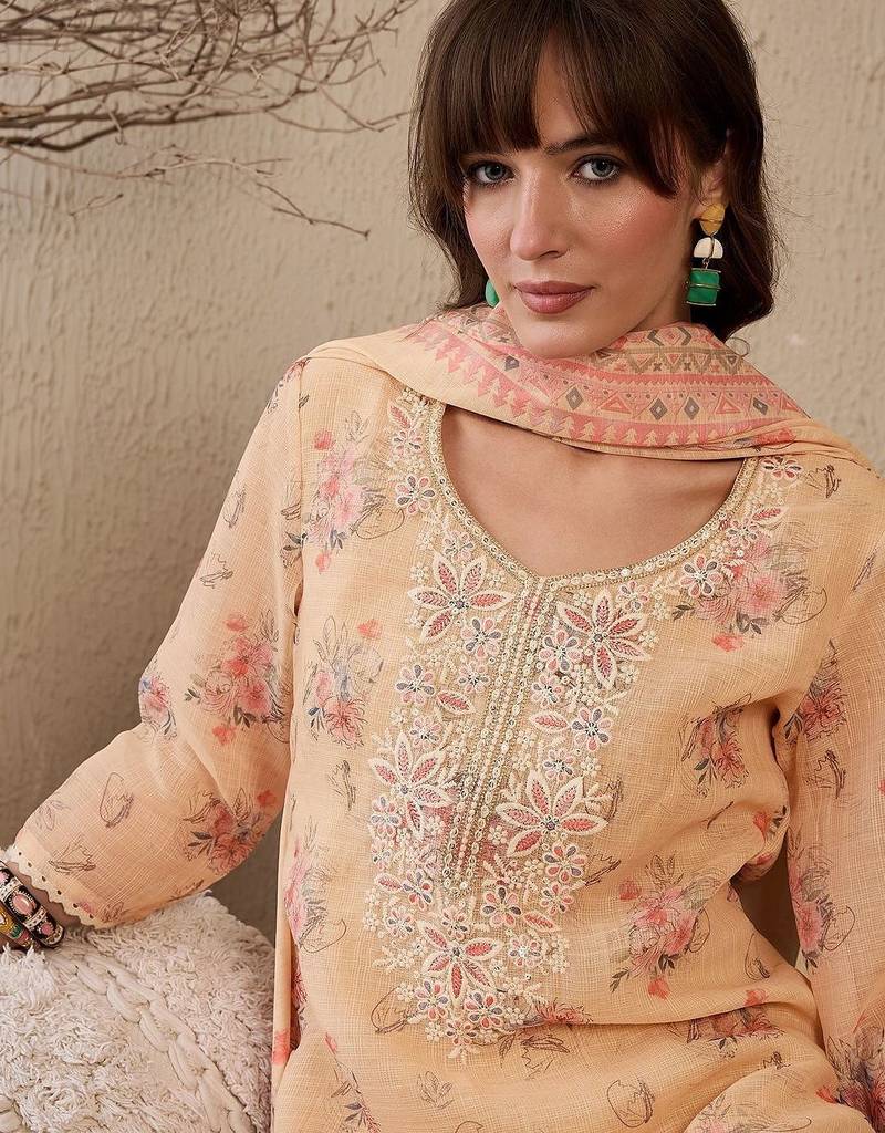Women Floral Printed Regular Thread Work Linen Kurta with Trousers & With Dupatta