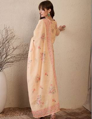 Women Floral Printed Regular Thread Work Linen Kurta with Trousers & With Dupatta 4