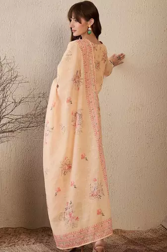 Women Floral Printed Regular Thread Work Linen Kurta with Trousers & With Dupatta