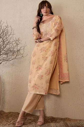 Women Floral Printed Regular Thread Work Linen Kurta with Trousers & With Dupatta